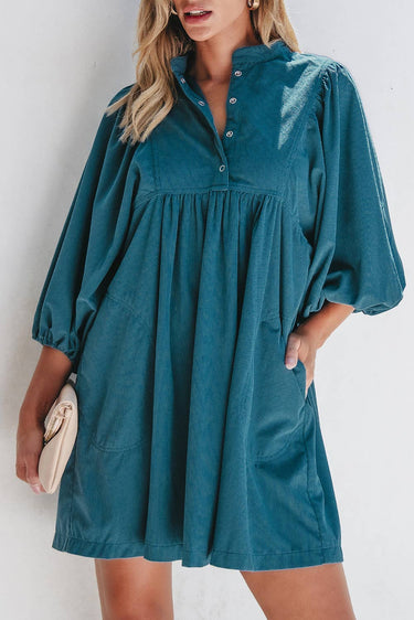 Corduroy Buttoned High Waist Bracelet Sleeve Dress